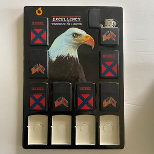 Unused Vintage 8pc Windproof Lighter Display ~ Rebel Flag